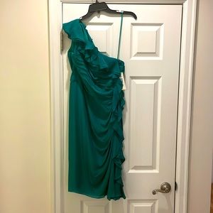 Emerald green, one shoulder Badgley Mischka collection dress, size 10